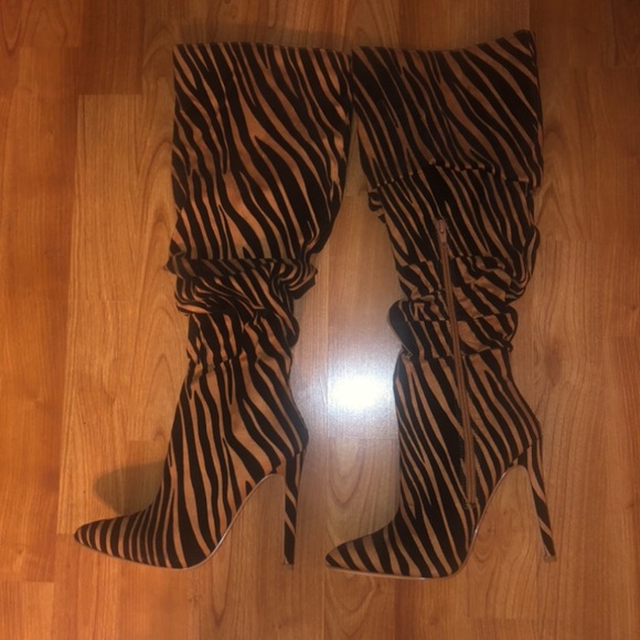 Olivia Miller Shoes - Ruched Tiger Stripe Stiletto Knee Boots